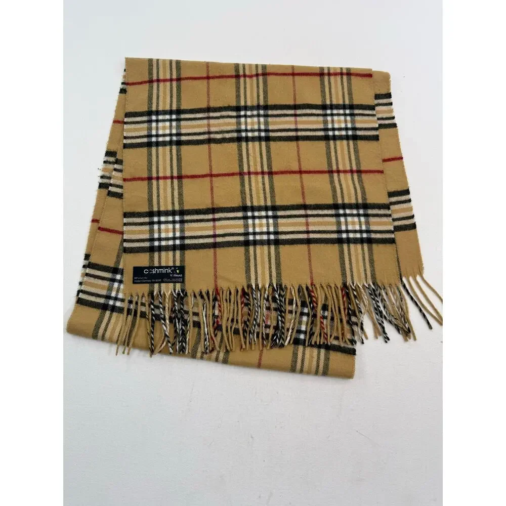 Cashmink by V. Fraas Plaid Scarf Camel Nova Check Fringe Made in Germany